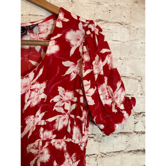 Amanda's Collection Babydoll Dress Womens Medium Red Tropical Floral Cottage - Picture 6 of 13